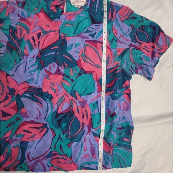 VINTAGE 80s/90s blouse multicolor silk abstract‎ leaf top M - Picture 8 of 8